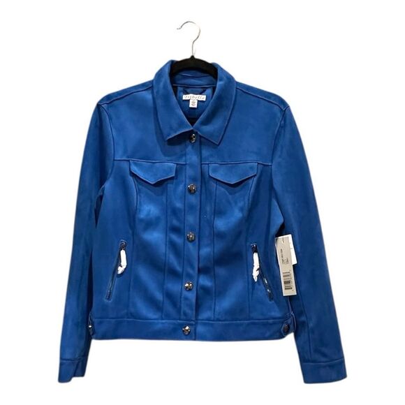 TRIBELLA Blazer Jacket Size L Faux Suede Micro-Denier Snaps Cobalt Blue - Picture 3 of 14